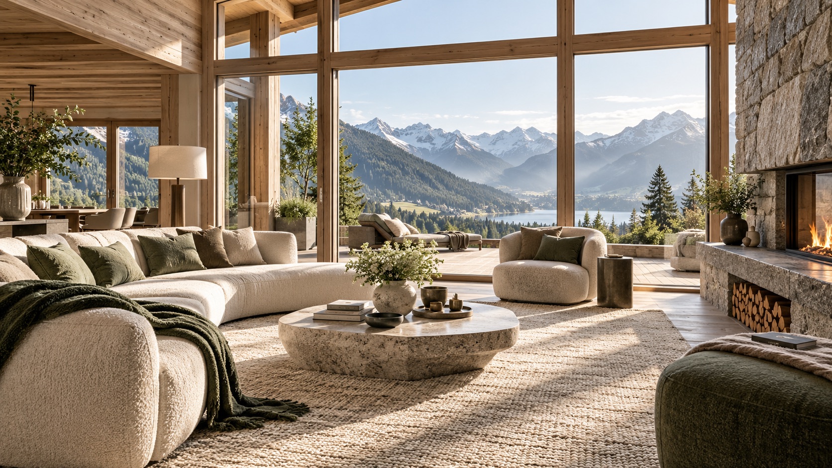 Lichtdurchfluteter Wohnbereich in einem modernen Engadiner Chalet